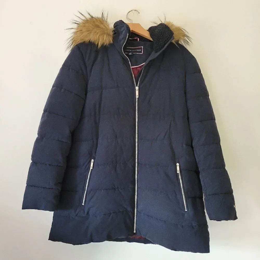 Tommy Hilfiger Navy Blue Puffer Jacket Faux Fur Trim Hood Insulated M Women's